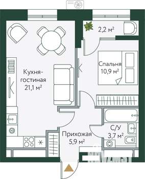 1-к квартира, вторичка, 44м2, 16/24 этаж
