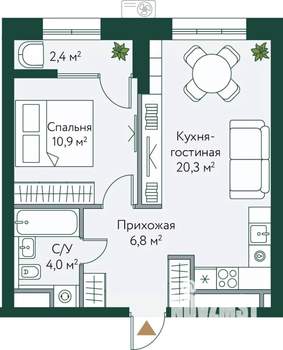 1-к квартира, вторичка, 44м2, 10/24 этаж