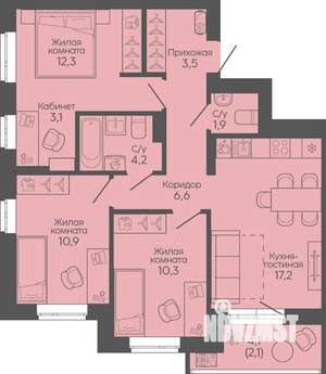3-к квартира, вторичка, 72м2, 5/19 этаж
