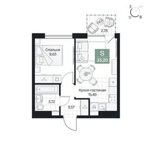 1-к квартира, вторичка, 33м2, 4/9 этаж