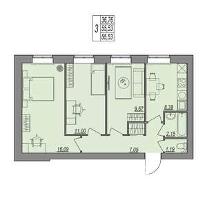 3-к квартира, строящийся дом, 56м2, 1/7 этаж