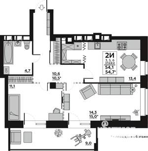 2-к квартира, вторичка, 54м2, 5/7 этаж