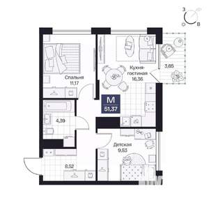 2-к квартира, вторичка, 51м2, 4/10 этаж