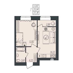 1-к квартира, вторичка, 37м2, 9/10 этаж