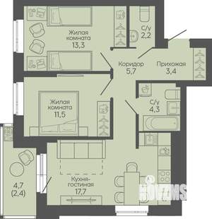 2-к квартира, вторичка, 61м2, 6/22 этаж