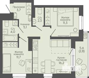 2-к квартира, вторичка, 57м2, 6/22 этаж
