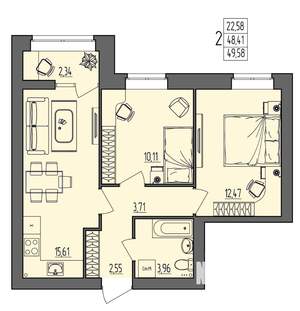 2-к квартира, вторичка, 50м2, 4/4 этаж