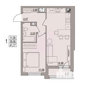 1-к квартира, вторичка, 41м2, 3/6 этаж