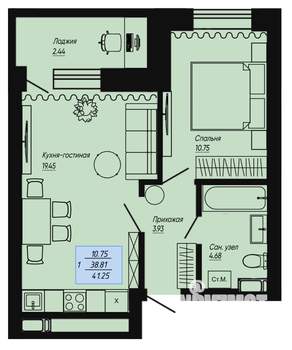 1-к квартира, вторичка, 41м2, 1/16 этаж