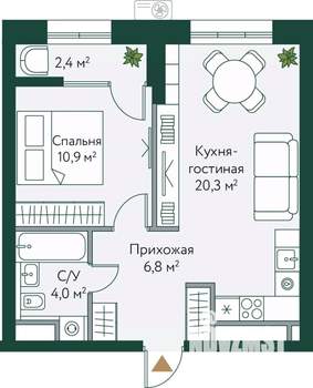 1-к квартира, вторичка, 44м2, 9/24 этаж