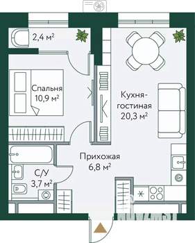 1-к квартира, вторичка, 44м2, 13/24 этаж