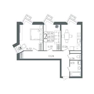 2-к квартира, вторичка, 61м2, 17/22 этаж