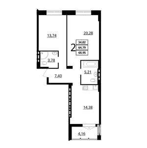 2-к квартира, сданный дом, 69м2, 2/7 этаж