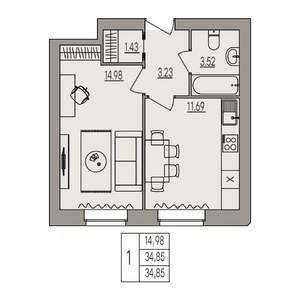 1-к квартира, вторичка, 35м2, 3/3 этаж