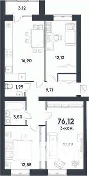 3-к квартира, строящийся дом, 76м2, 1/4 этаж
