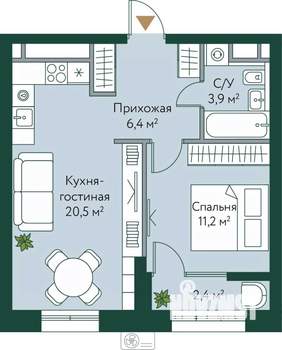 1-к квартира, строящийся дом, 44м2, 4/24 этаж