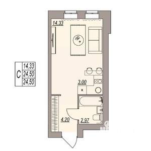 Студия квартира, вторичка, 25м2, 3/3 этаж