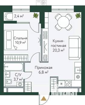 1-к квартира, вторичка, 44м2, 22/24 этаж