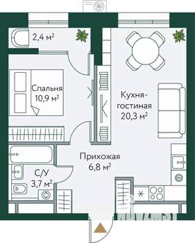1-к квартира, вторичка, 44м2, 17/24 этаж