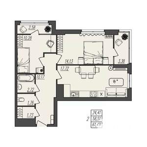 2-к квартира, вторичка, 61м2, 3/17 этаж