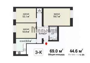 3-к квартира, вторичка, 69м2, 1/7 этаж