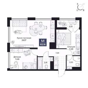 2-к квартира, вторичка, 63м2, 5/10 этаж