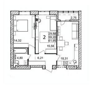 2-к квартира, вторичка, 62м2, 6/9 этаж