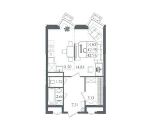 1-к квартира, вторичка, 43м2, 8/21 этаж