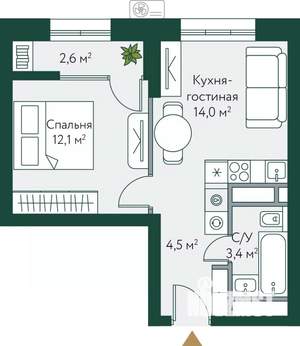 1-к квартира, строящийся дом, 37м2, 19/24 этаж