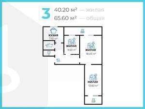 3-к квартира, вторичка, 66м2, 9/9 этаж