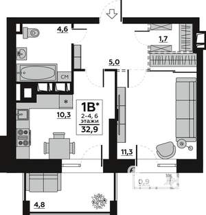 1-к квартира, вторичка, 33м2, 6/7 этаж