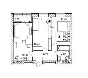 2-к квартира, вторичка, 62м2, 3/9 этаж