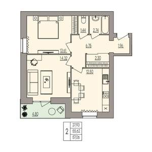 2-к квартира, вторичка, 57м2, 1/3 этаж