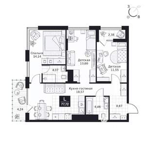 3-к квартира, вторичка, 78м2, 3/9 этаж