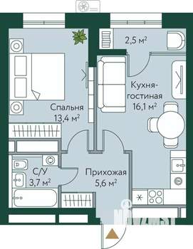 1-к квартира, строящийся дом, 41м2, 22/24 этаж
