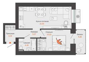 1-к квартира, строящийся дом, 45м2, 3/8 этаж