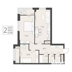 2-к квартира, вторичка, 62м2, 6/17 этаж