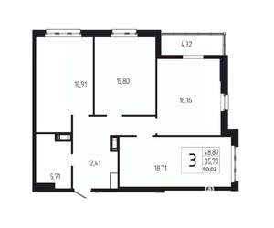 3-к квартира, вторичка, 90м2, 8/18 этаж