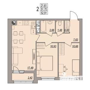 2-к квартира, вторичка, 53м2, 2/6 этаж