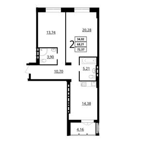 2-к квартира, сданный дом, 72м2, 3/7 этаж