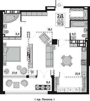 2-к квартира, вторичка, 82м2, 7/18 этаж