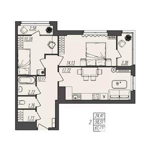 2-к квартира, вторичка, 61м2, 16/17 этаж