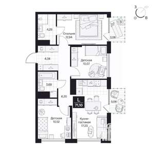 3-к квартира, вторичка, 71м2, 3/10 этаж