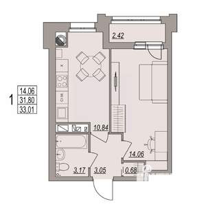 1-к квартира, вторичка, 33м2, 4/6 этаж