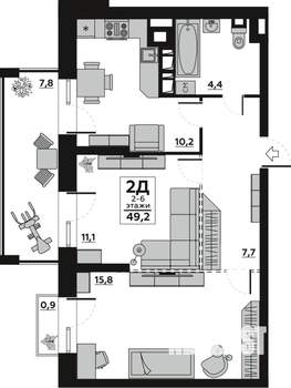 2-к квартира, вторичка, 49м2, 2/7 этаж