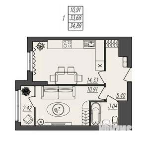 1-к квартира, вторичка, 35м2, 2/17 этаж