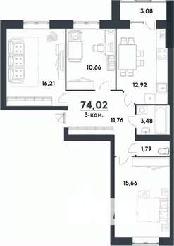 3-к квартира, строящийся дом, 74м2, 4/4 этаж