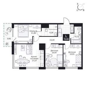 3-к квартира, вторичка, 72м2, 2/9 этаж