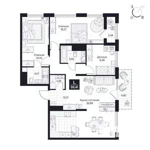 3-к квартира, вторичка, 99м2, 2/10 этаж