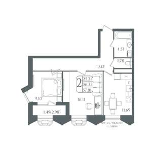 2-к квартира, вторичка, 58м2, 19/22 этаж